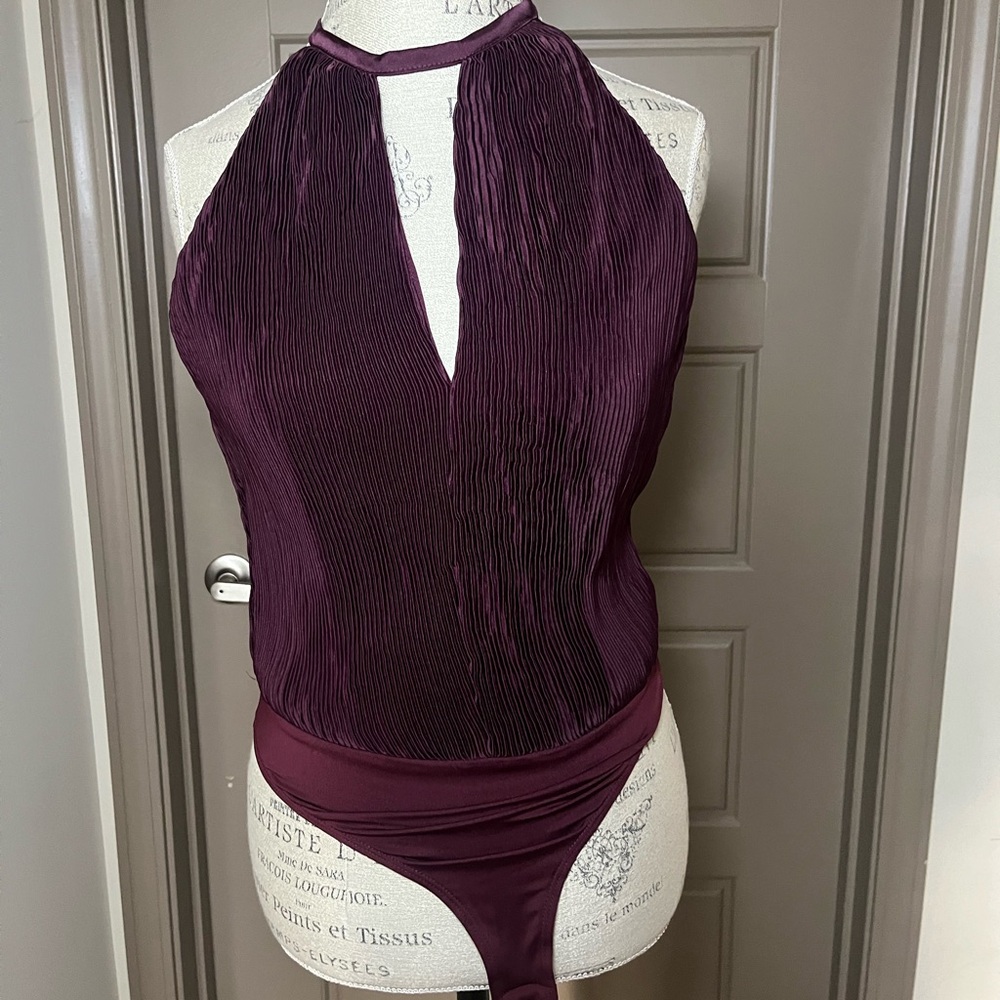 Lulu’s Pleat Sheet Burgundy Plisse Sleeveless Halter Bodysuit